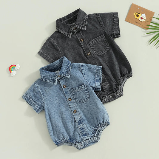 Baby Short Sleeve Turn-Down Collar Denim Jumpsuit