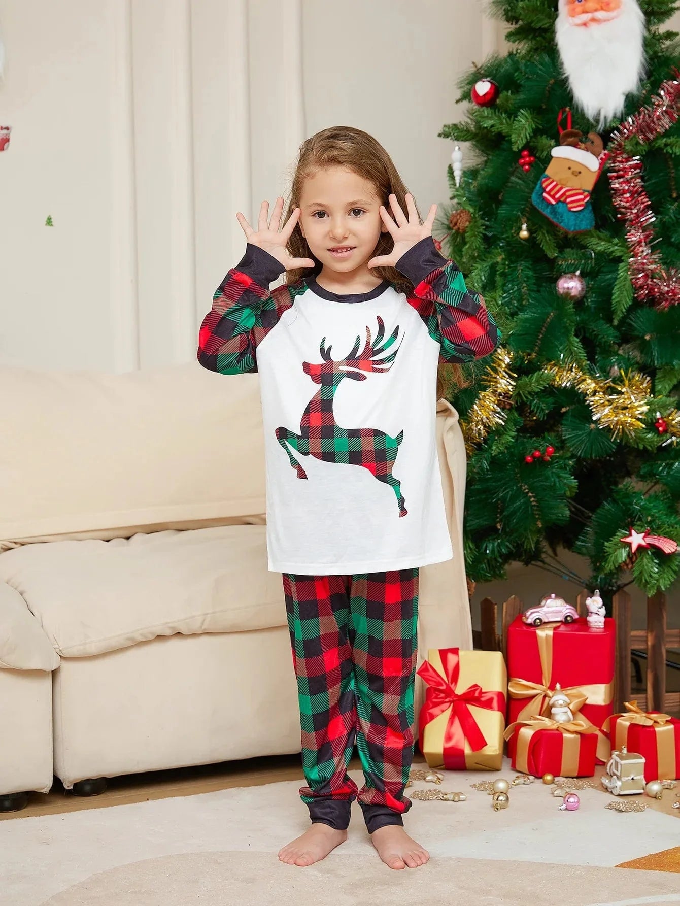 Christmas Deer Print Tops Family Matching Pajamas